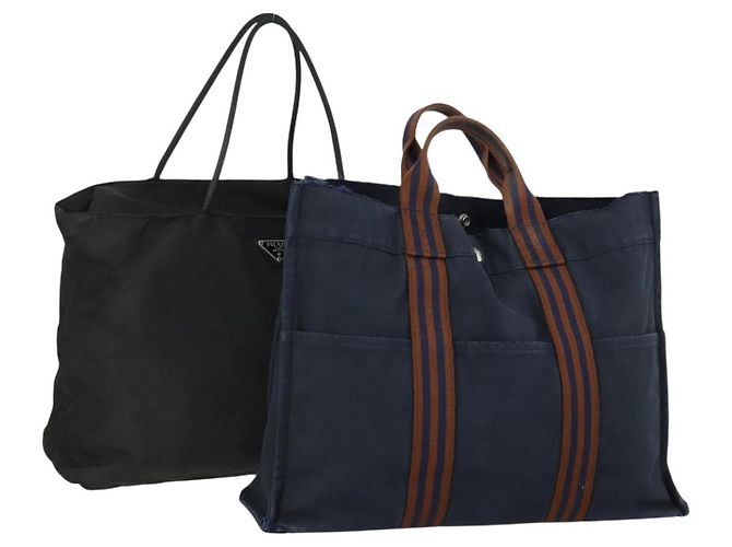 Hermès HERMES PRADA Hand Bag Canvas nylon 2 Set Black Navy Auth gh1454