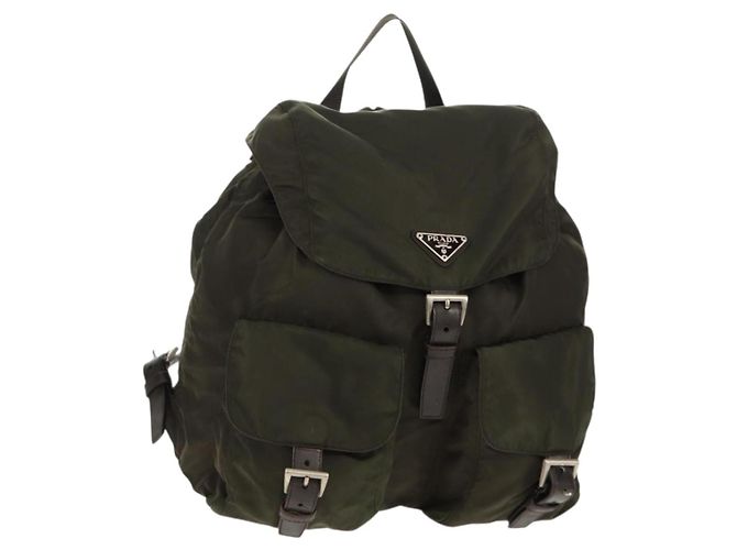 PRADA Backpack Nylon Khaki Silver Auth 157774 Silvery