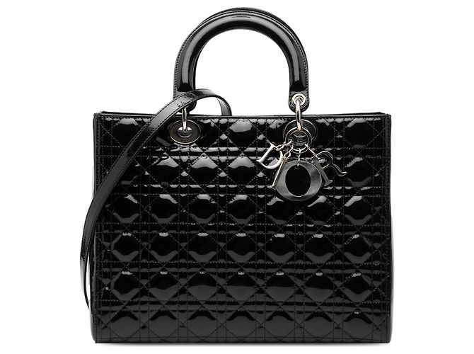 Dior Negro Gran Bolso de Charol Cannage Lady Dior