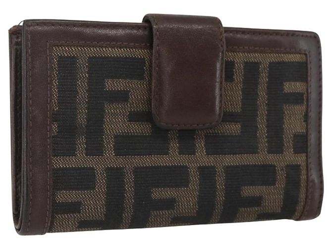 FENDI Zucca Canvas Compact Wallet Black Brown Silver Auth 158172
