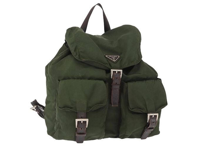 PRADA Backpack Nylon Khaki Silver Auth 147077 Silvery