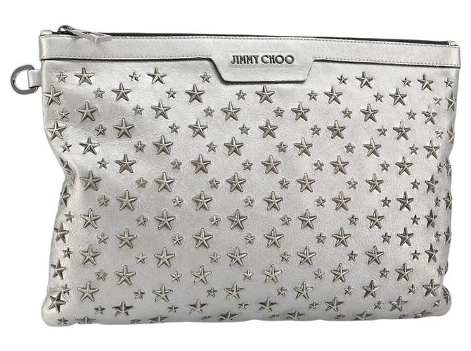 Bolsa de mão de couro com studs Jimmy Choo Prata Auth 160738