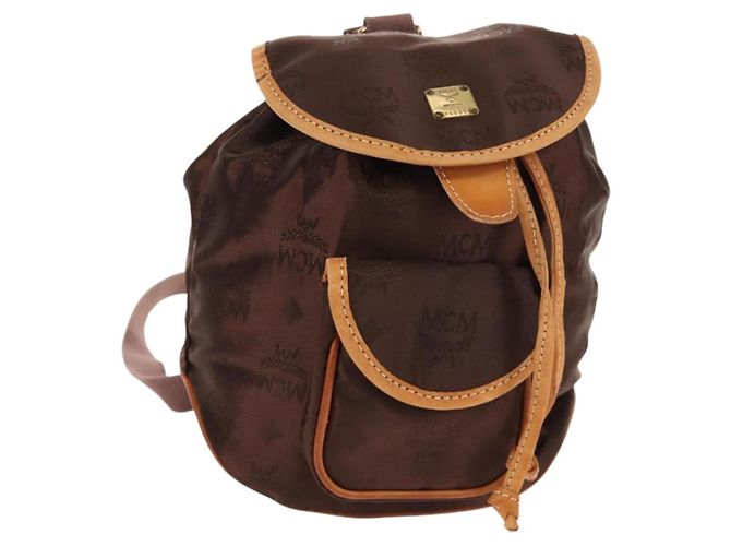 MCM Logogram Vicetos Backpack Nylon Brown Gold Auth 158482 Golden