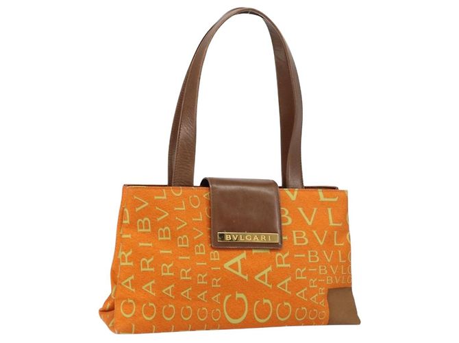 Bulgari Bolsa Tote BVLGARI em nylon e couro laranja dourado Auth bs32037