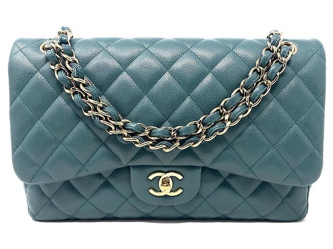 Bolsa Chanel Jumbo Timeless/ Clássica de dupla aba em couro caviar matelassé verde Verde escuro