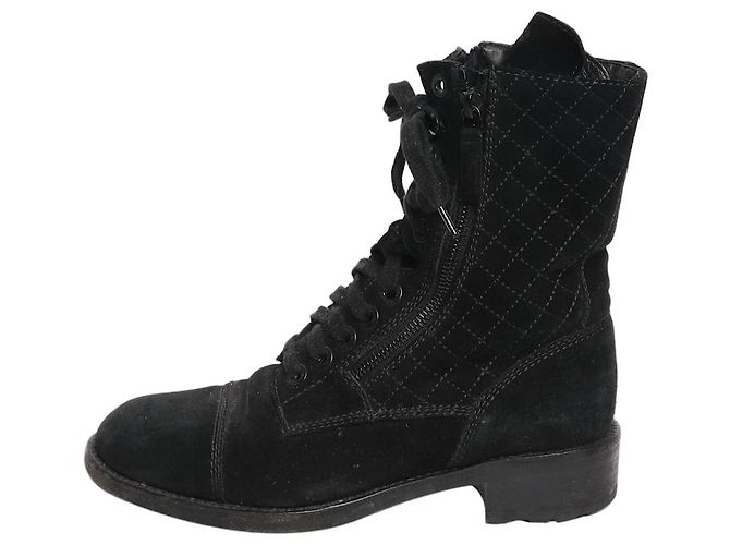Chanel Botas de combate em camurça preta acolchoadas - tamanho EU 38,5 (UK 5,5) Preto