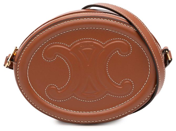 Céline Celine Pequena Bolsa Transversal Oval em Couro de Bezerro Marrom Triomphe