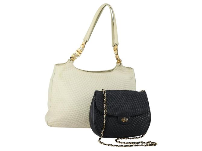 BALLY Bolsa Tote de Couro 2 Conjunto Preto Marfim Auth 156704 Cru