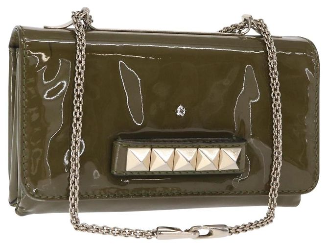 VALENTINO Bolsa de Ombro com Corrente e Studs Esmalte Caqui Ouro Auth bs31799 Dourado