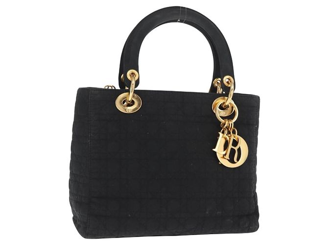 Christian Dior Borsa Lady Dior Canage in nylon nero e oro Auth ka1172 D'oro