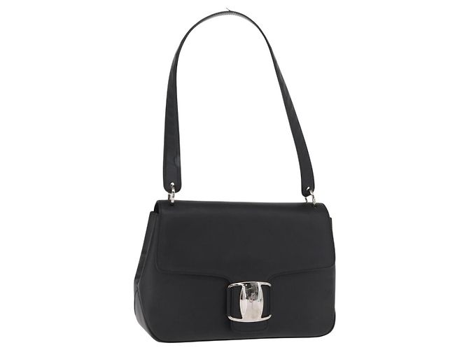 Borsa a Spalla Vala in Pelle Nera e Argento di Salvatore Ferragamo Auth bs31823 Nero