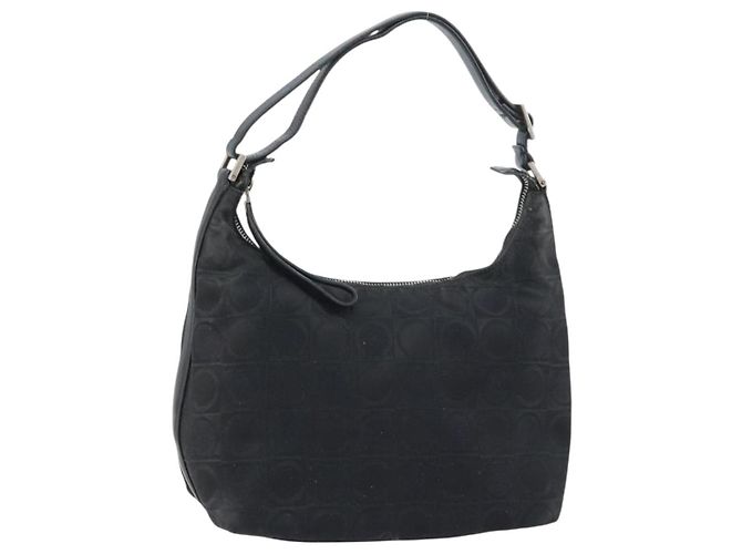 Borsa a Spalla Gancini in Nylon Nero e Argento di Salvatore Ferragamo Auth bs32062
