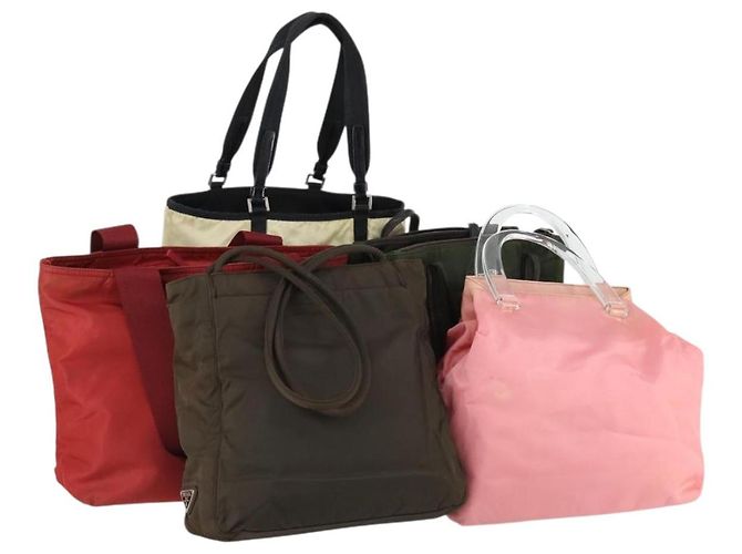 PRADA Bolsa de Mão Nylon 5 Conjunto Rosa Creme Caqui Auth ti3562 Cru