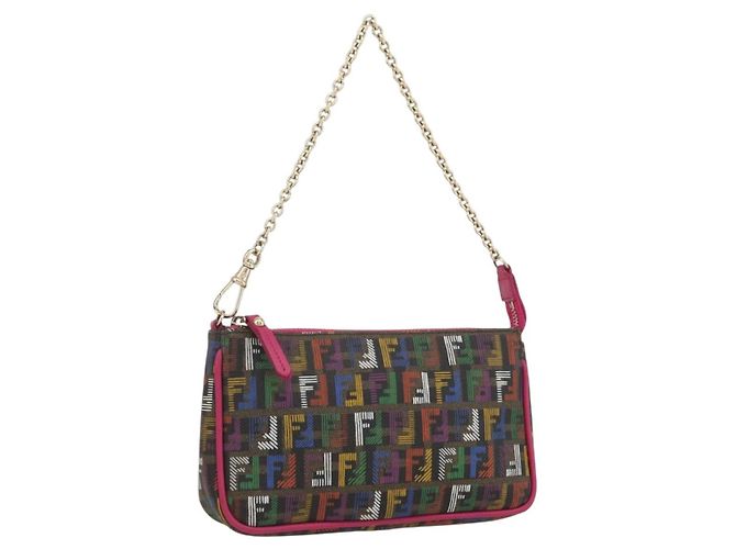 FENDI Zucchino Canvas Accessory Pouch Multicolor Gold Auth 159466V Multiple colors Golden