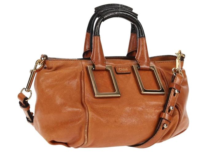 Chloé Bolsa de mão em couro Chloe Etel 2 vias marrom ouro Auth BA9170 Dourado