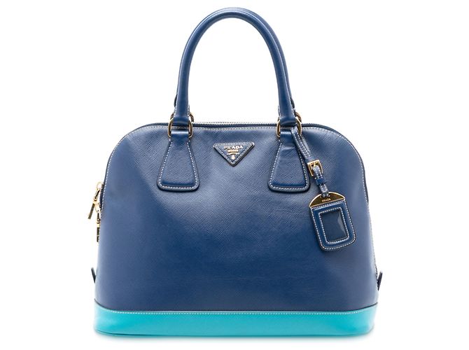 Prada Blue Bicolor Saffiano Lux Promenade Dome Handtasche Blau Dunkelblau