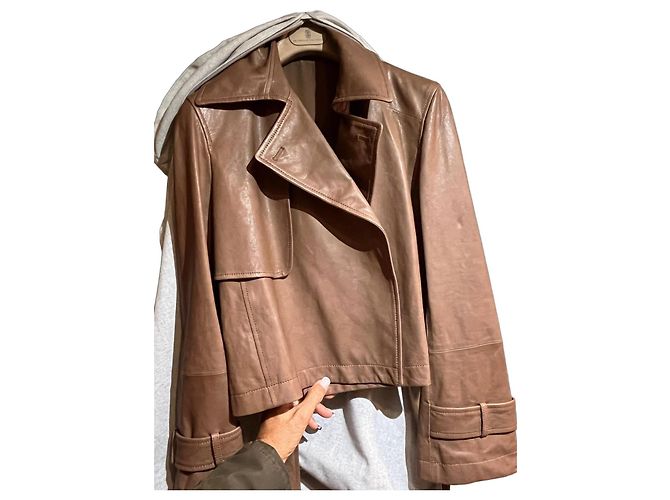 Brunello Cucinelli kurzer Trenchcoat Leder Camel Kamel