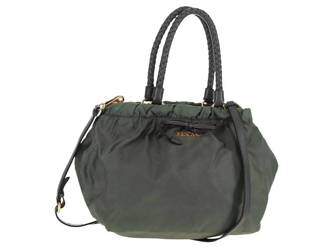 PRADA Handtasche Nylon 2-Wege Khaki Gold Auth bs31881 Golden