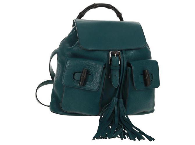 Mochila de couro Gucci Bamboo verde prata 370833 Auth 159026V