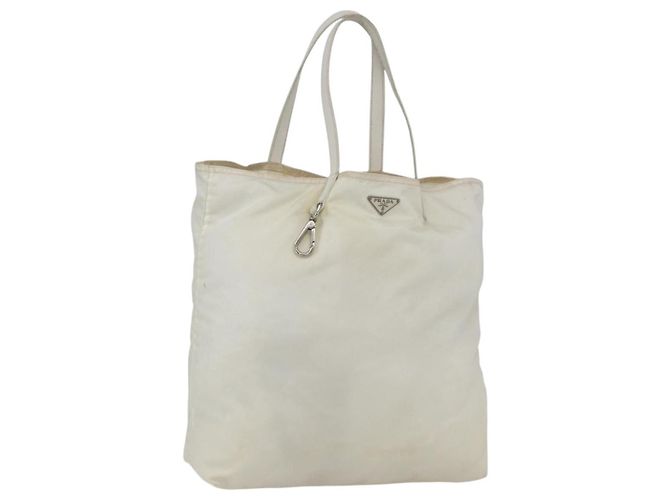Borsa Tote PRADA in nylon bianco argento Auth ka1005