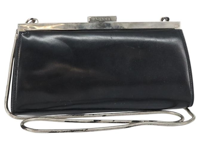 Gucci Borsa a spalla con catena in pelle nera argento Auth 160616 Nero