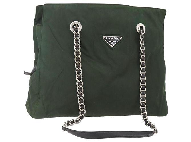 PRADA Chain Tote Bag Nylon Khaki Silver Auth am10142 Silvery