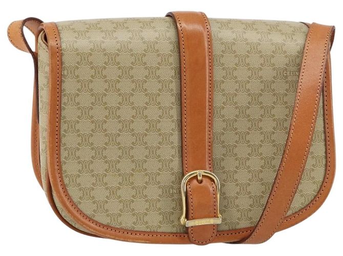 Céline Bolsa de Ombro em Lona Macadam CELINE PVC Bege Ouro Auth am10146 Dourado