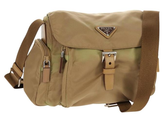 PRADA Schultertasche Nylon Khaki Silber Authentisch fm4987