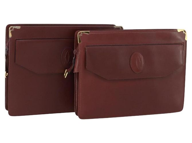 CARTIER Bolsa Clutch Must Line de Couro 2 Set Bordeaux Auth mr1596