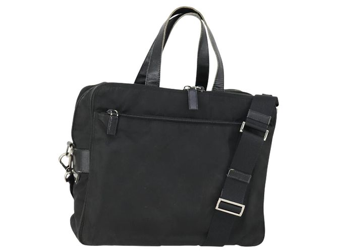 Borsa da lavoro PRADA Nylon 2 vie Nero Argento Auth 155199