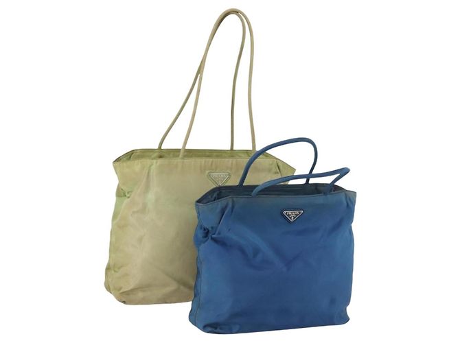 Sac Tote PRADA Nylon 2 Set Bleu Beige Auth 157189