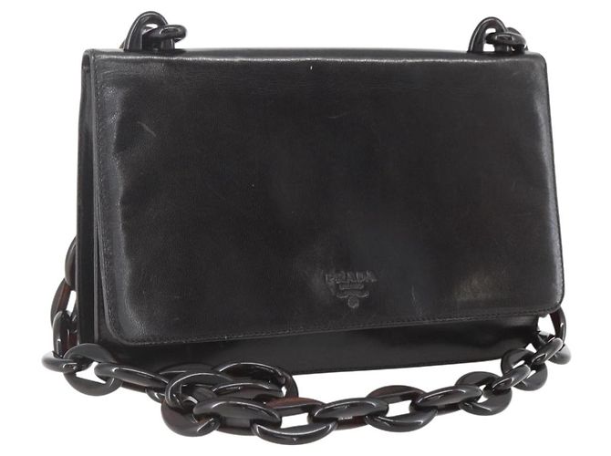 PRADA Bolsa de Ombro com Corrente Couro plástico Marrom Escuro Auth am10365V Castanho escuro