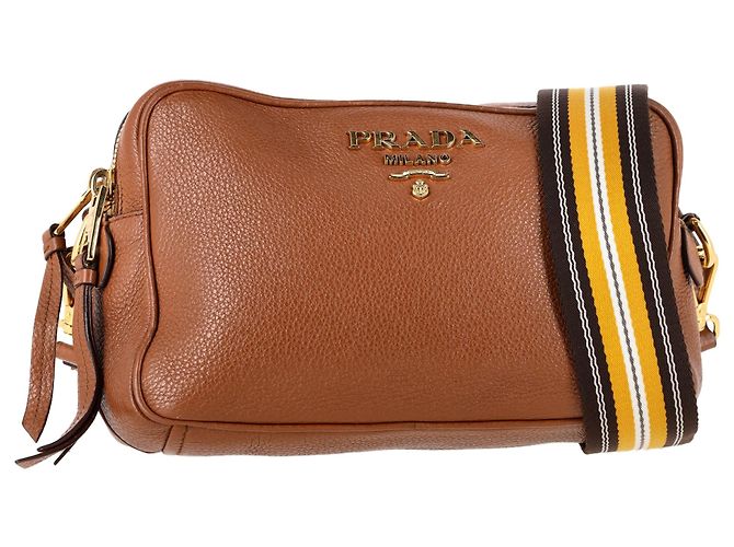 Prada Medium Vitello Phenix Double Zip Camera Bag in Brown Leather