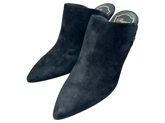 Mules à bout pointu en daim avec logo RV Roger Vivier Noir