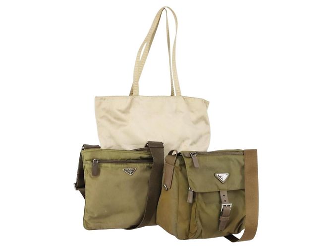 PRADA Borsa a Mano Nylon 3 Pezzi Verde Beige Auth 157831