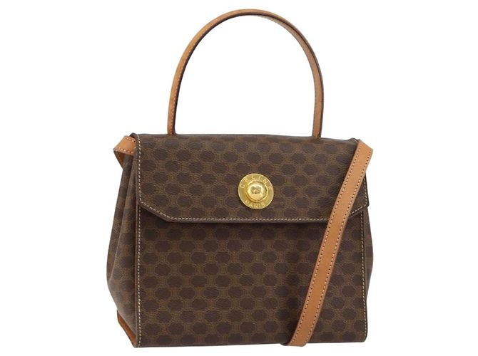 Céline Bolsa de mão em lona Macadam CELINE em couro PVC 2 em 1 marrom ouro Auth 158705