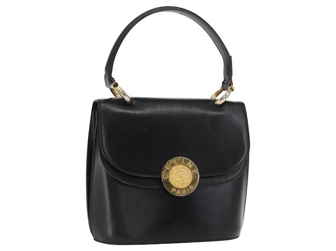 Céline Bolsa Medallion de couro preto e dourado Auth 160819