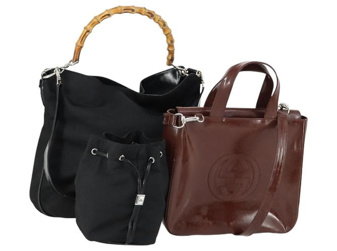 Gucci Pochette Sac à Main Nylon Émail 3 Set Noir Marron Auth ar13915