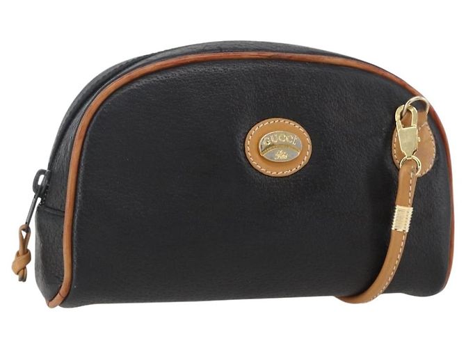 Gucci Bolsa de Ombro de Couro Preta e Dourada Auth 158401 Preto Dourado
