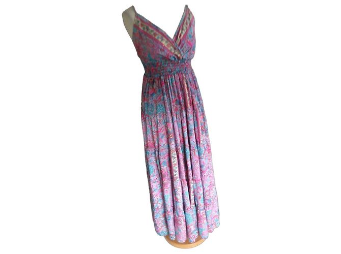 Autre Marque Abito in seta blu con stampe oro e rosa Multicolore