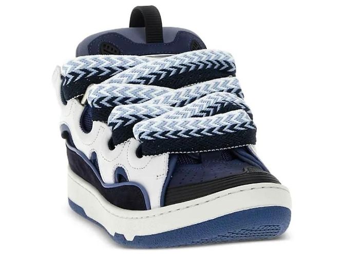 Lanvin Curb Sneaker Weiß Navy Blau Hirschleder Größe 43 Marineblau
