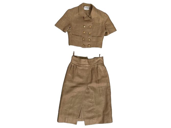 Conjunto de saia Chanel bege de algodão e seda