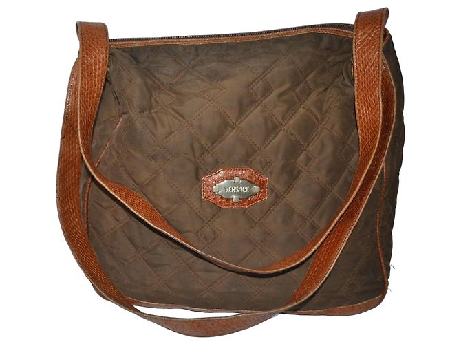 Bolsa de mão Gianni Versace em couro e lona marrom
