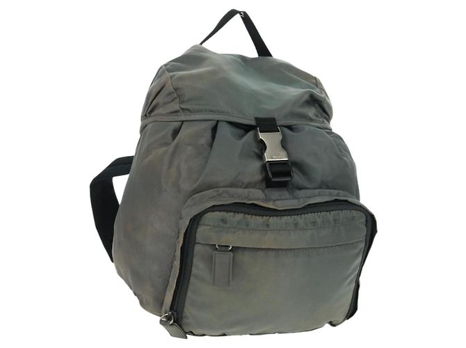 PRADA Backpack Nylon Gray Silver Auth BA9159 Brown Silvery