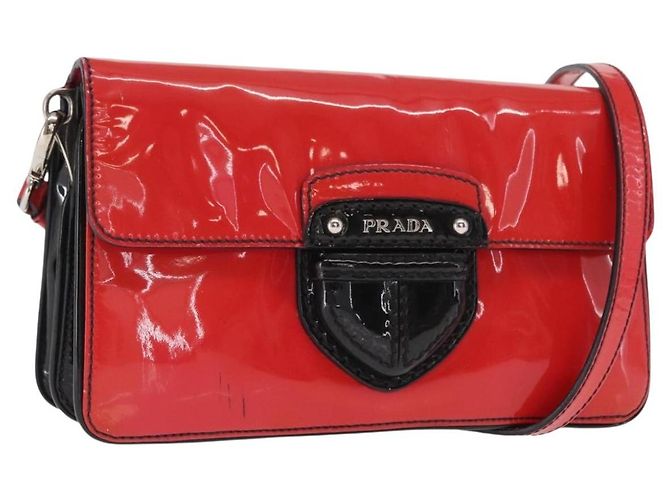 Bolsa de Ombro PRADA Esmalte 2em1 Vermelha Prata Auth 159397 Vermelho