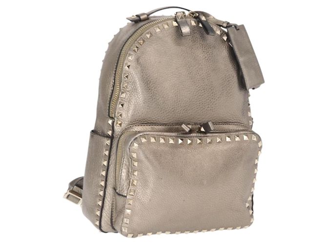 Valentino Rock Studs Rucksack Leder Silber Gold Auth BA9400 Golden