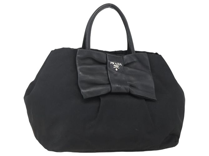 Ribbon PRADA Borsa a Mano in Nastro Nylon Nero Argento Auth 160087