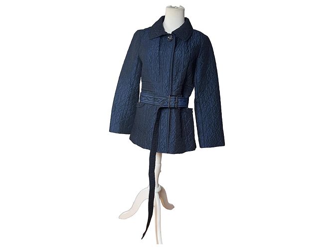Vintage Courreges Floral Emblossed Canvas Coat Navy M Navy blue