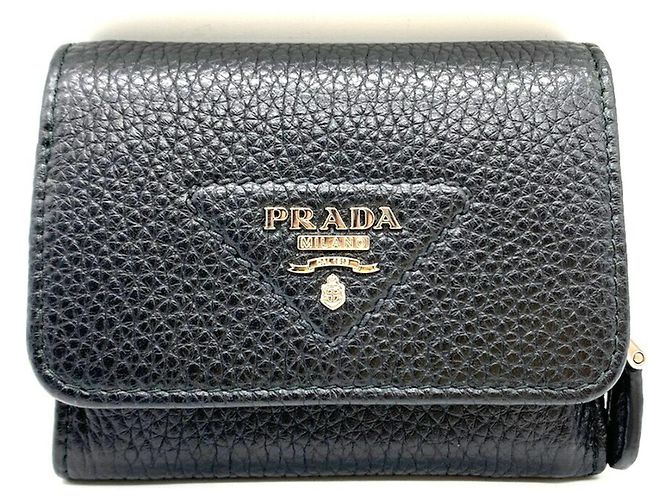Prada Tri-fold Leather Triangle Compact Wallet Black