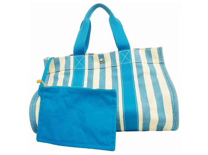 Borsa Tote PM Cannes Hermès Bianco Blu Tela